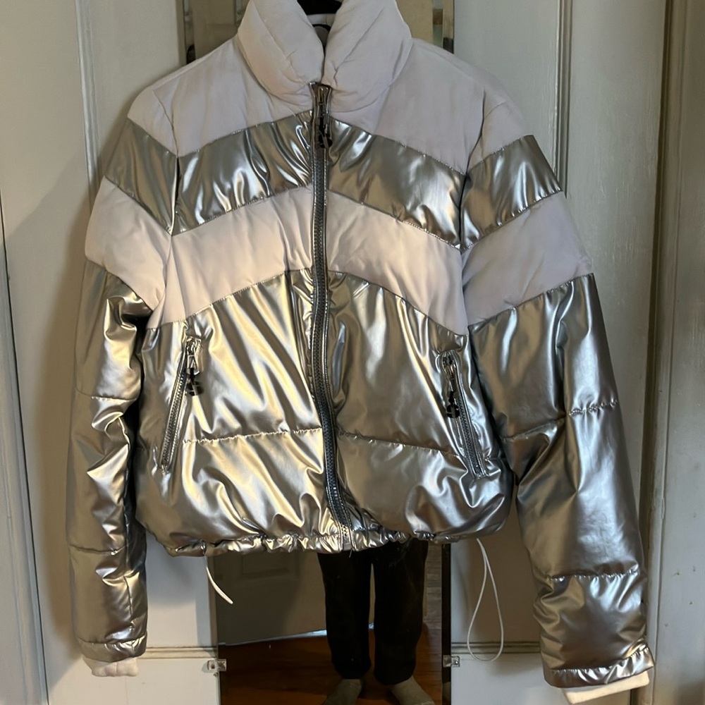 Silver and White Women's Puffer Jacket
